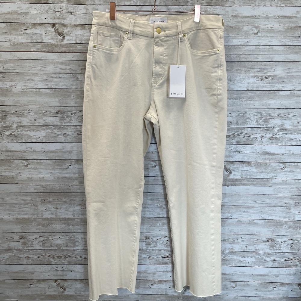 NWT Dear John Womens 31 Jeans Ivory Denim Jeanne Flare High Rise Cropped Raw Hem